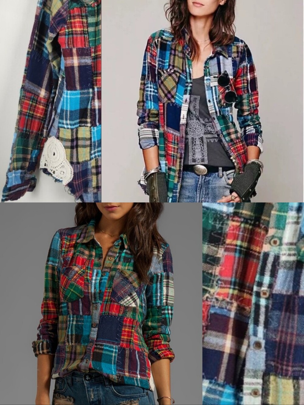 Free People Lost in Plaid Patchwork Flannel Cotton Buttondown Sz M Boho Comfy